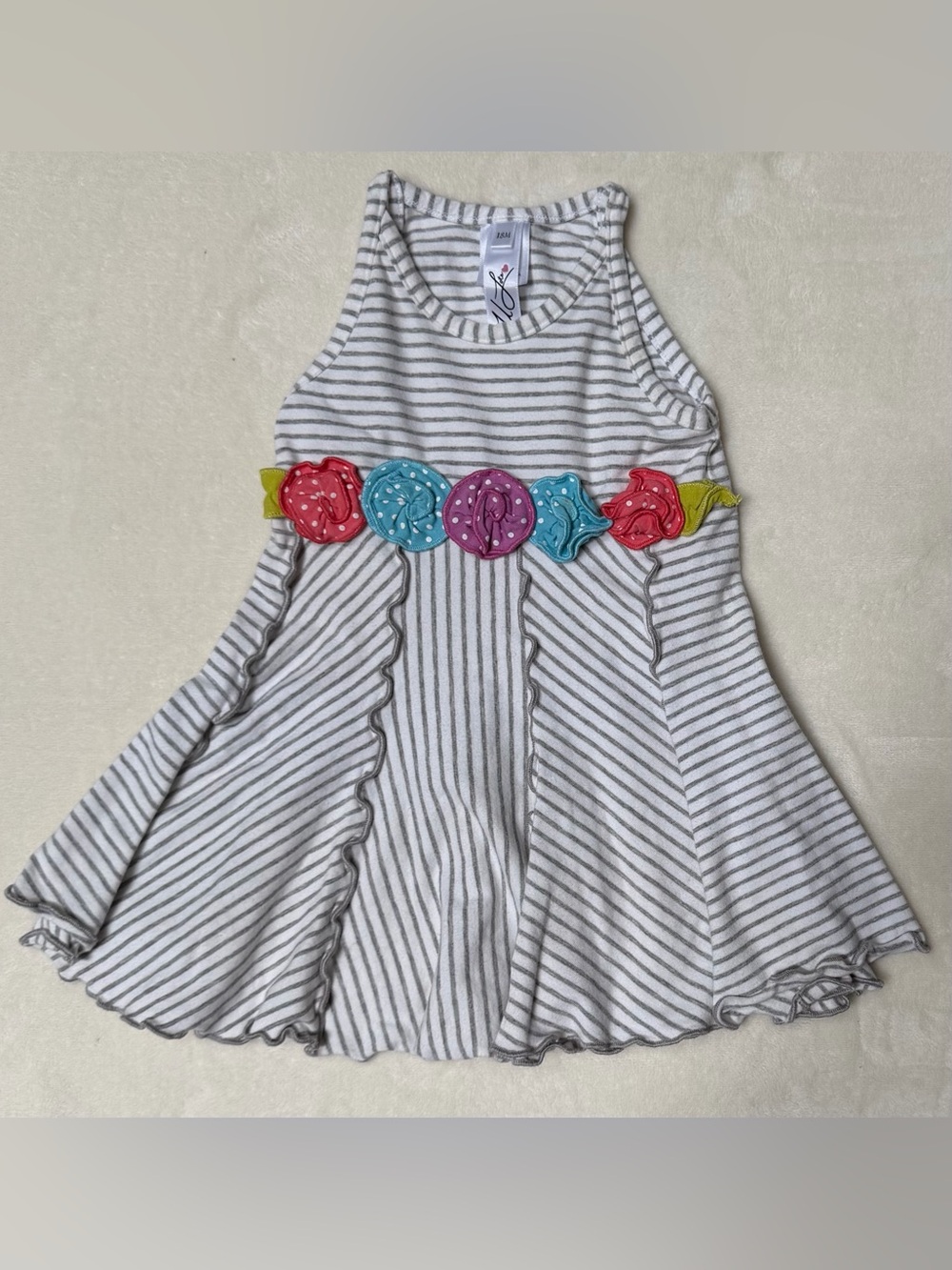 Luv U Too 18M Gray White Striped Tank Dress with Colorful Flower Belt